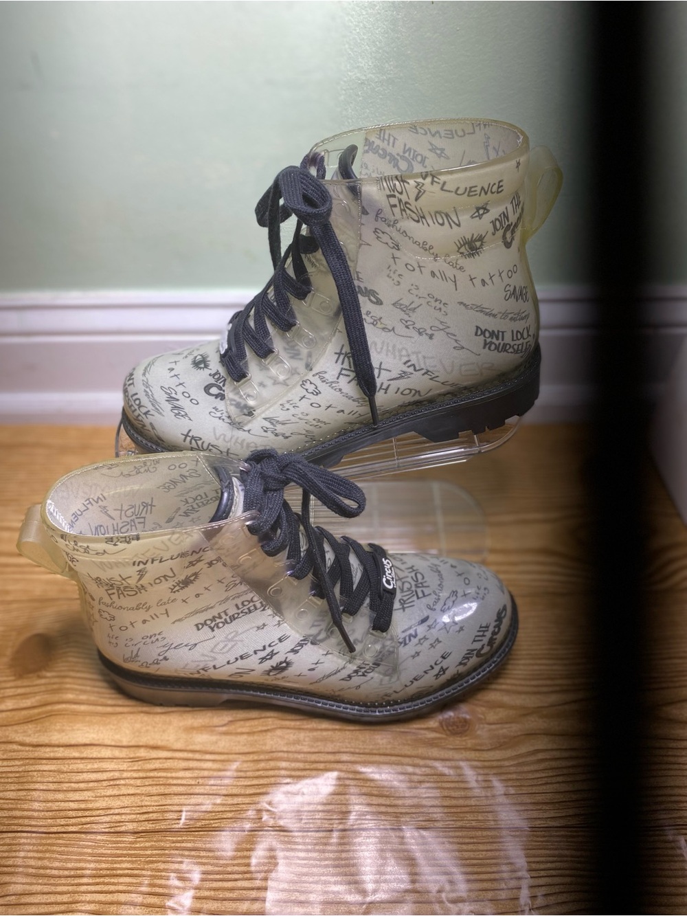 Clear Graffiti Lace-Up Combat Boots - Black Laces